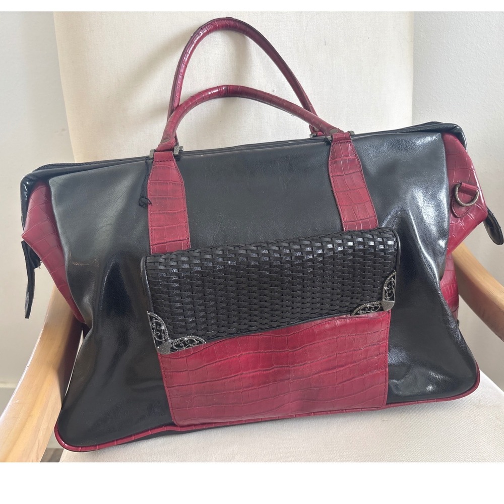 Vintage Style Black Red Colorblock Doctor Bag Satchel Woven Filigree Large